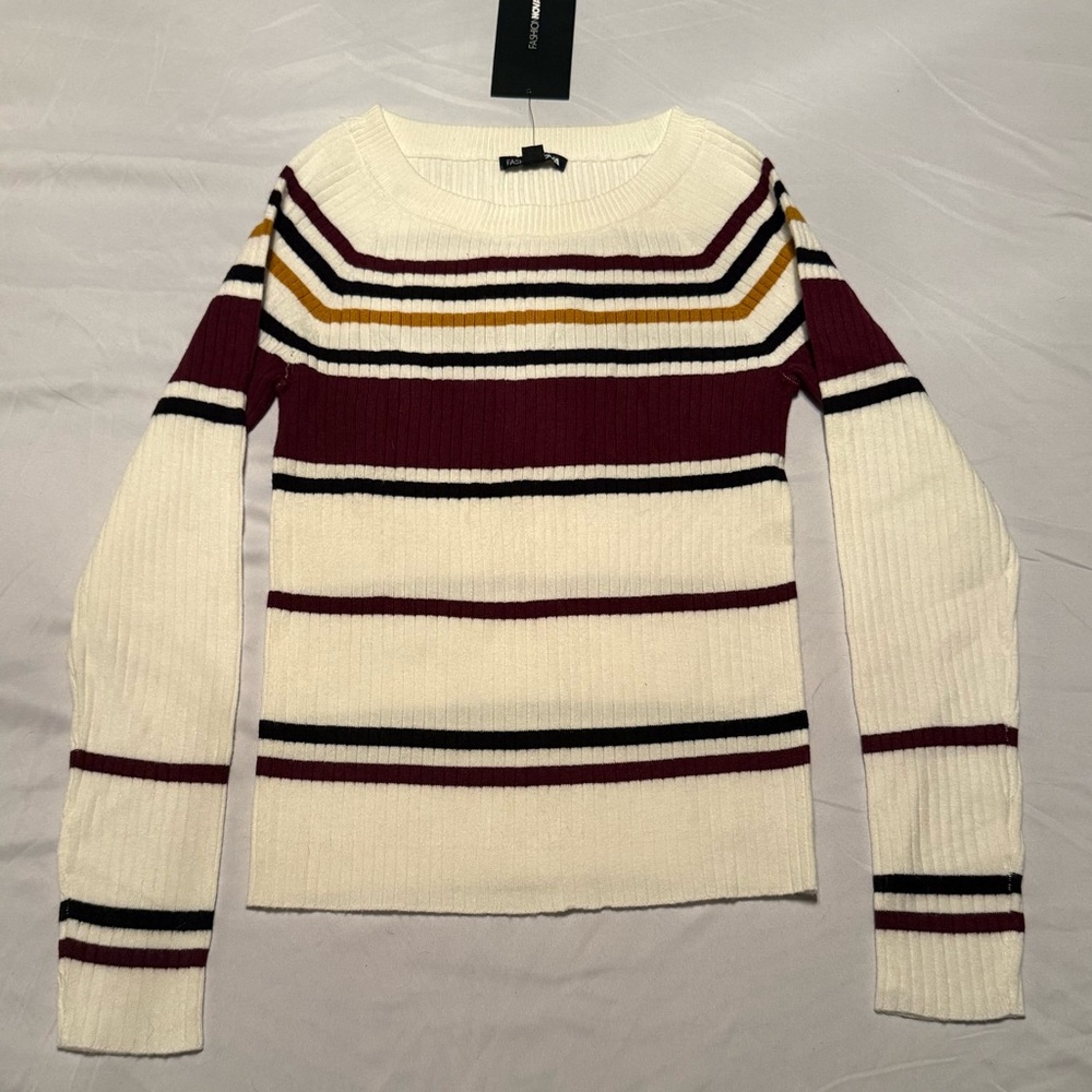 Fashion Nova Striped Sweater - White, Burgundy, Gold